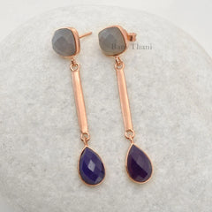 Grey Chalcedony and Amethyst Chalcedony Gemstone Drop Earrings, Rose Gold Plated 925 Sterling Silver Dangle Earrings, Womens Gift Earrings