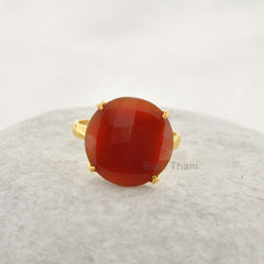 Red Onyx 15mm Round Gemstone Ring, Micron Gold Plated 925 Sterling Silver Ring, Engagement Gift Ring, Prong Set Ring, Boho Ring, Ethnic Ring