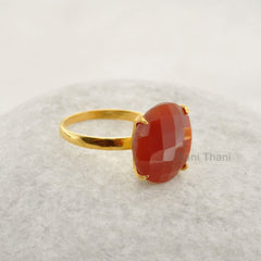 Red Onyx 15mm Round Gemstone Ring, Micron Gold Plated 925 Sterling Silver Ring, Engagement Gift Ring, Prong Set Ring, Boho Ring, Ethnic Ring