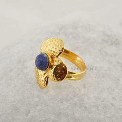 Blue Lapis Lazuli Gemstone Ring - Handmade Designer Textured Ring - Gold Plated 925 Sterling Silver Ring - Christmas Gift Ring - Boho Ring