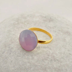 Elegant Chalcedony Ring, Lavender Chalcedony Faceted Round 15mm Gemstone Ring, Micron Gold Plated 925 Sterling Silver Ring, Solitaire Ring