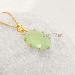 Green Prehnite Handmade Necklace - 925 Sterling Silver Chain Pendant - Gold Plated Prong Set Necklace - Semi Precious Necklace- Gift for Her