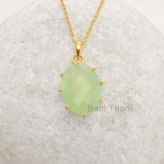 Green Prehnite Handmade Necklace - 925 Sterling Silver Chain Pendant - Gold Plated Prong Set Necklace - Semi Precious Necklace- Gift for Her