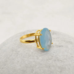 Blue Chalcedony Ring - Sterling Silver - Gold Plated Ring - Prong Set - Personalized Jewelry - Jewelry For Young Lady -Gift For Young Sister