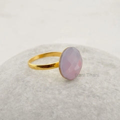 Elegant Chalcedony Ring, Lavender Chalcedony Faceted Round 15mm Gemstone Ring, Micron Gold Plated 925 Sterling Silver Ring, Solitaire Ring