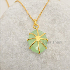 Green Prehnite Handmade Necklace - 925 Sterling Silver Chain Pendant - Gold Plated Prong Set Necklace - Semi Precious Necklace- Gift for Her