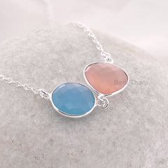Pink Chalcedony Heart Gemstone - Blue Chalcedony Necklace - Personalized Necklace Jewelry - 925 Sterling Silver Necklace - Gift for Women