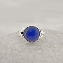 Chalcedony Rings, Blue Chalcedony 10mm Round Gemstone Ring, 925 Sterling Silver Bezel Ring Jewelry, Silver Boho Ring, Halloween Gift Ring