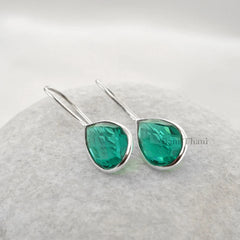 Teal Quartz Faceted Pear Gemstone 925 Sterling Silver Bezel Earrings, 10x15mm