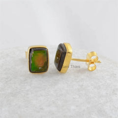 Ammolite Gemstone Stud Earrings - 18k Gold Plated Sterling Silver Stud Earring - Womens Earring - Handmade Jewelry for Girls - Gift for Her