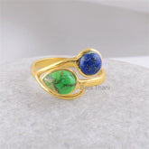 Green Copper Turquoise, Lapis Lazuil Gemstone Ring - Gold Plated Sterling Silver Bezel Ring - Gift for Lady - Jewelry Bride - Gift for Women