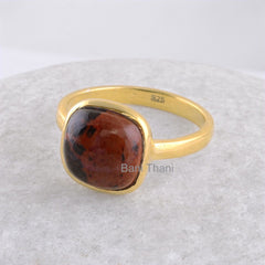 Mahogany Ring, Mahogany Obsidian 10mm Cushion Gemstone Ring, 925 Sterling Silver Jewelry Gold Plated Bezel Ring, Bezel Artisan Ring Jewelry