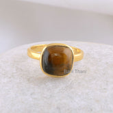 Elegant Tiger's Eye Ring - Tiger Eye 10mm Cushion Shape Gemstone Ring - Micron Gold Plated Bezel Ring - 925 Sterling Silver - Delicate Ring