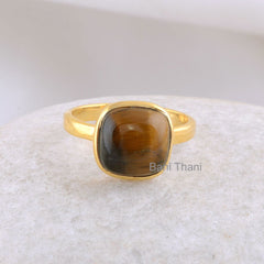 Elegant Tiger's Eye Ring - Tiger Eye 10mm Cushion Shape Gemstone Ring - Micron Gold Plated Bezel Ring - 925 Sterling Silver - Delicate Ring