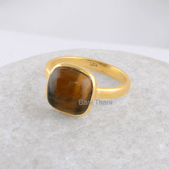 Elegant Tiger's Eye Ring - Tiger Eye 10mm Cushion Shape Gemstone Ring - Micron Gold Plated Bezel Ring - 925 Sterling Silver - Delicate Ring