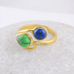 Green Copper Turquoise, Lapis Lazuil Gemstone Ring - Gold Plated Sterling Silver Bezel Ring - Gift for Lady - Jewelry Bride - Gift for Women