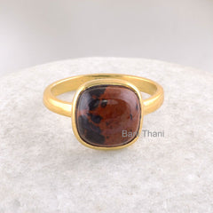 Mahogany Ring, Mahogany Obsidian 10mm Cushion Gemstone Ring, 925 Sterling Silver Jewelry Gold Plated Bezel Ring, Bezel Artisan Ring Jewelry
