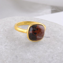 Mahogany Ring, Mahogany Obsidian 10mm Cushion Gemstone Ring, 925 Sterling Silver Jewelry Gold Plated Bezel Ring, Bezel Artisan Ring Jewelry