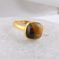 Elegant Tiger's Eye Ring - Tiger Eye 10mm Cushion Shape Gemstone Ring - Micron Gold Plated Bezel Ring - 925 Sterling Silver - Delicate Ring