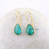 Teal Quartz Faceted Pear 10x15mm Gemstone Drop Earrings, Gold Plated 925 Sterling Silver Dangle Earrings, Hook Earrings, Womens Gift Earring