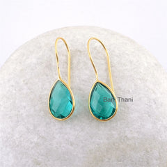 Teal Quartz Faceted Pear 10x15mm Gemstone Drop Earrings, Gold Plated 925 Sterling Silver Dangle Earrings, Hook Earrings, Womens Gift Earring