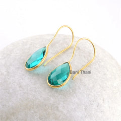 Teal Quartz Faceted Pear 10x15mm Gemstone Drop Earrings, Gold Plated 925 Sterling Silver Dangle Earrings, Hook Earrings, Womens Gift Earring