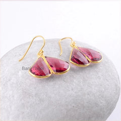 Red Garnet Quartz Faceted 12x17mm Drop Gemstone Earrings, Gold Plated 925 Sterling Silver Dangle Earring, Wedding Gift Earring, Hook Earring