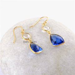 Blue Sapphire Quartz Drop Earrings - Gold Plated 925 Silver Earrings - Crystal Quartz Dangle Earrings - Birthday Gift Earring - Gift for Her