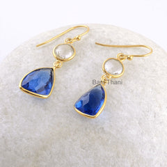 Blue Sapphire Quartz Drop Earrings - Gold Plated 925 Silver Earrings - Crystal Quartz Dangle Earrings - Birthday Gift Earring - Gift for Her