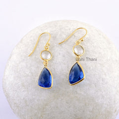 Blue Sapphire Quartz Drop Earrings - Gold Plated 925 Silver Earrings - Crystal Quartz Dangle Earrings - Birthday Gift Earring - Gift for Her