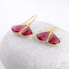 Red Garnet Quartz Faceted 12x17mm Drop Gemstone Earrings, Gold Plated 925 Sterling Silver Dangle Earring, Wedding Gift Earring, Hook Earring