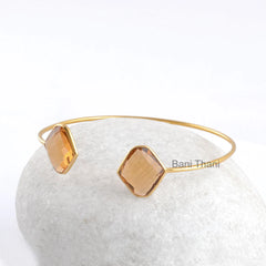 Handmade Champagne Quartz 12x14mm Gemstone Cuff Bracelet, Gold Plated 925 Sterling Silver Bangle, Delicate Bracelet, Wedding Gift Bracelet