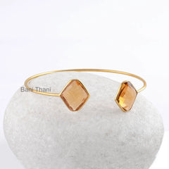 Handmade Champagne Quartz 12x14mm Gemstone Cuff Bracelet, Gold Plated 925 Sterling Silver Bangle, Delicate Bracelet, Wedding Gift Bracelet