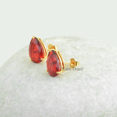 Garnet Quartz Earrings - Pear Gemstone Stud - Gold Plated Earring - 925 Silver Jewelry - Handmade Earring - Gift for Womens - Boho Jewelry