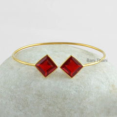 Gemstone Bracelet, Garnet Quartz 10mm Gemstone Micron Gold Plated Bracelet, Sterling Silver Adjustable Bangle Jewelry