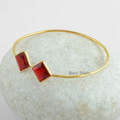 Gemstone Bracelet, Garnet Quartz 10mm Gemstone Micron Gold Plated Bracelet, Sterling Silver Adjustable Bangle Jewelry