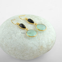 Aqua Chalcedony Earrings-Multi Stone Earrings-Gold Plated Earrings-Black Onyx Earrings-Dangle Earrings-Silver Earrings-Christmas Gifts