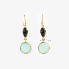 Aqua Chalcedony Earrings-Multi Stone Earrings-Gold Plated Earrings-Black Onyx Earrings-Dangle Earrings-Silver Earrings-Christmas Gifts
