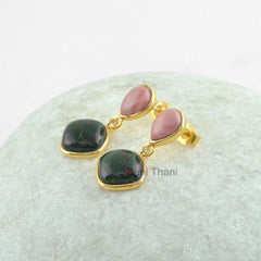 Genuine Bloodstone and Pink Opal Gemstone Earrings, Micron Gold Plated 925 Sterling Silver Dangle Earrings, Christmas Gift Earrings