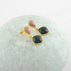 Genuine Bloodstone and Pink Opal Gemstone Earrings, Micron Gold Plated 925 Sterling Silver Dangle Earrings, Christmas Gift Earrings