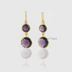 Purple Amethyst Earrings-Purple Amethyst Quartz Round 14mm & 10mm Faceted Gold Plated Earrings-925 Sterling Silver Dangle Earring