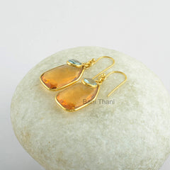 Champagne Quartz Fancy and Aqua Quartz Faceted Micron Gold Plated 925 Sterling Silver Dangle Earring Jewelry
