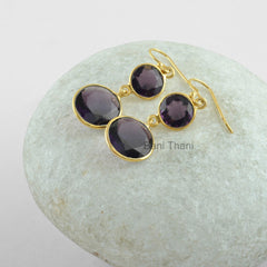 Purple Amethyst Earrings-Purple Amethyst Quartz Round 14mm & 10mm Faceted Gold Plated Earrings-925 Sterling Silver Dangle Earring