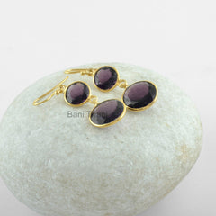 Purple Amethyst Earrings-Purple Amethyst Quartz Round 14mm & 10mm Faceted Gold Plated Earrings-925 Sterling Silver Dangle Earring
