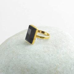 Black Onyx Silver Ring-Black Onyx 9x15mm Rectangle Micron Gold Plated Sterling Silver Solitaire Ring-Gemstone Ring-Gift For Her, Valentines