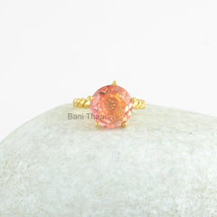 Twisted Ring, Prong Set Ring, Pink Tourmaline Doublet Quartz 11mm Round Gemstone Ring, 925 Sterling Silver Gold Plated Ring, Christmas Gift