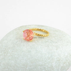 Twisted Ring, Prong Set Ring, Pink Tourmaline Doublet Quartz 11mm Round Gemstone Ring, 925 Sterling Silver Gold Plated Ring, Christmas Gift