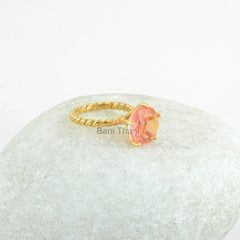 Twisted Ring, Prong Set Ring, Pink Tourmaline Doublet Quartz 11mm Round Gemstone Ring, 925 Sterling Silver Gold Plated Ring, Christmas Gift