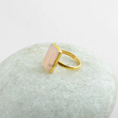 Pink Chalcedony, Pink Chalcedony 9x15mm Rectangle Micron Gold Plated 925 Sterling Silver Solitaire Ring Jewelry, Gemstone Ring, Valentines
