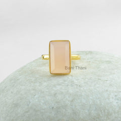Pink Chalcedony, Pink Chalcedony 9x15mm Rectangle Micron Gold Plated 925 Sterling Silver Solitaire Ring Jewelry, Gemstone Ring, Valentines